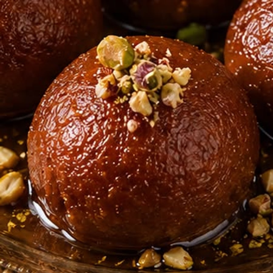 Close up of a single makkan peda topped with crushed pistachio and cashew